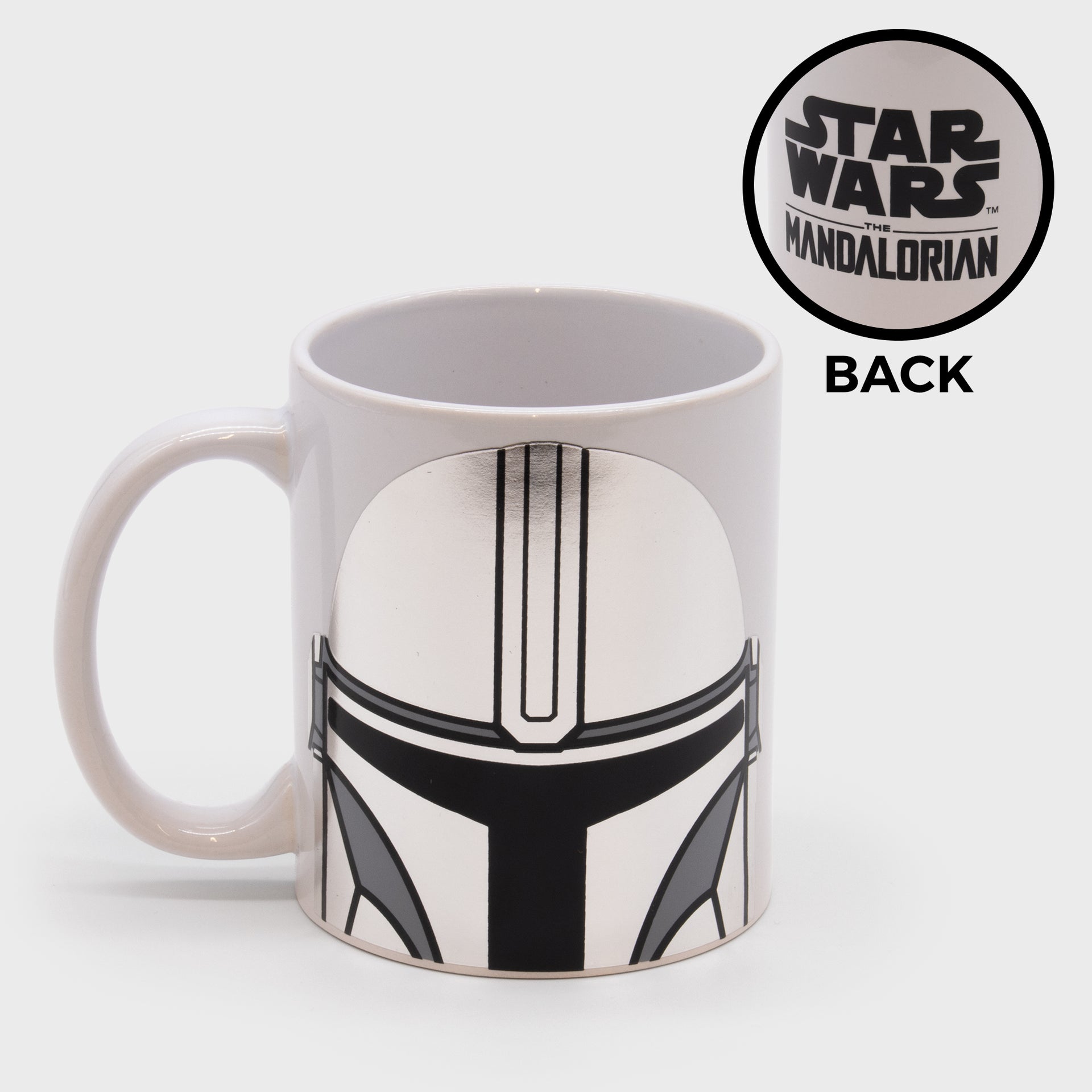 mandalorian mug ceramic. picture of mandalorian helmet. back of mug text: star wars the mandalorian