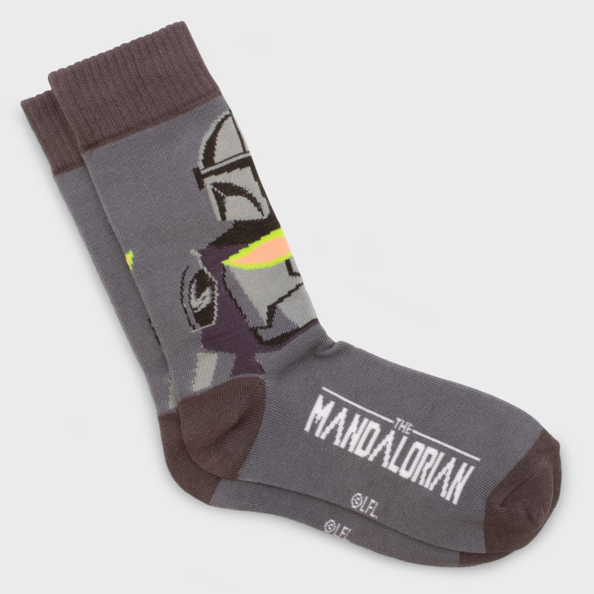 crew socks. image: mandalorian holding grogu. text on bottom of sock: the mandalorian