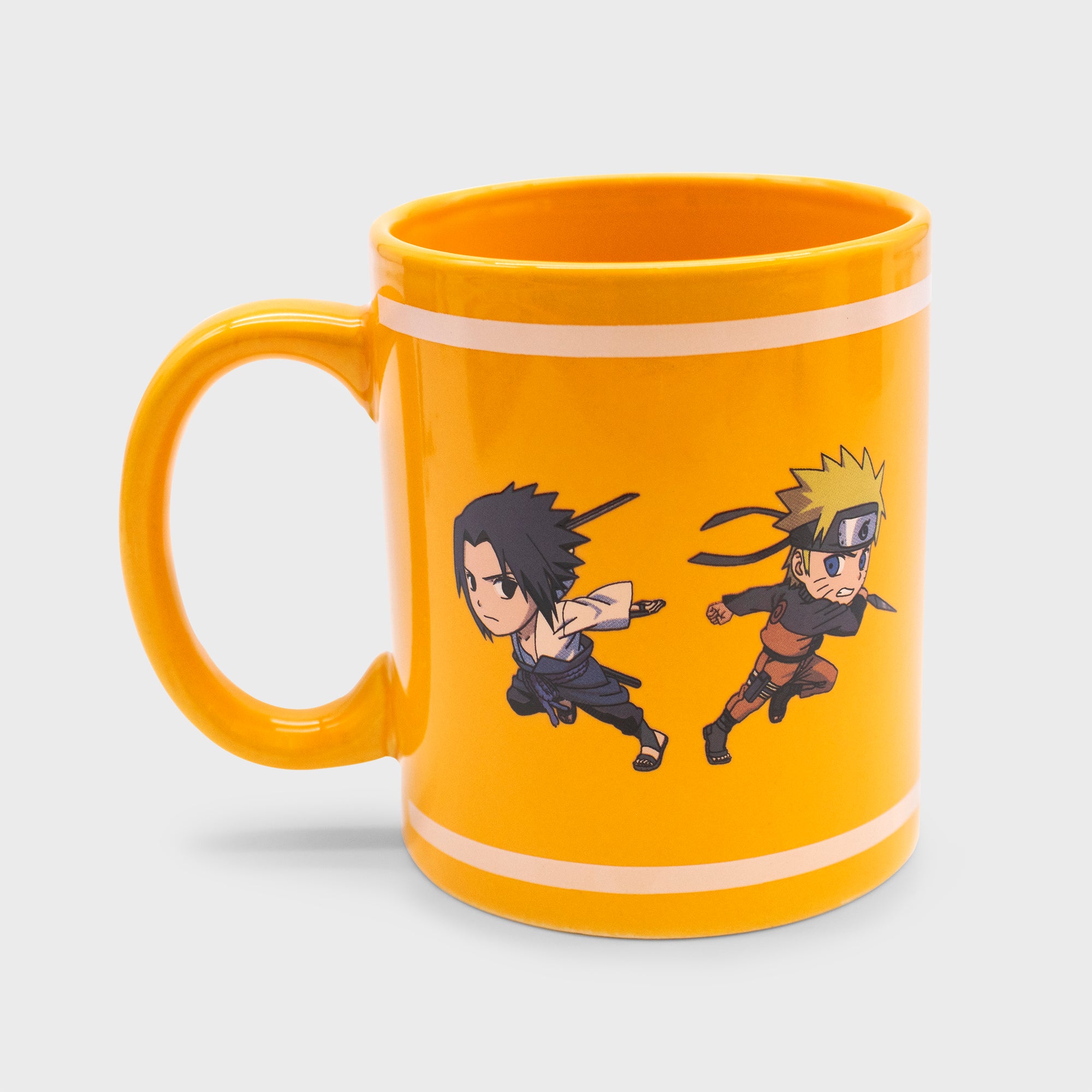 ceramic mug with chibi cute versions of sasuke and naruto running away from each other