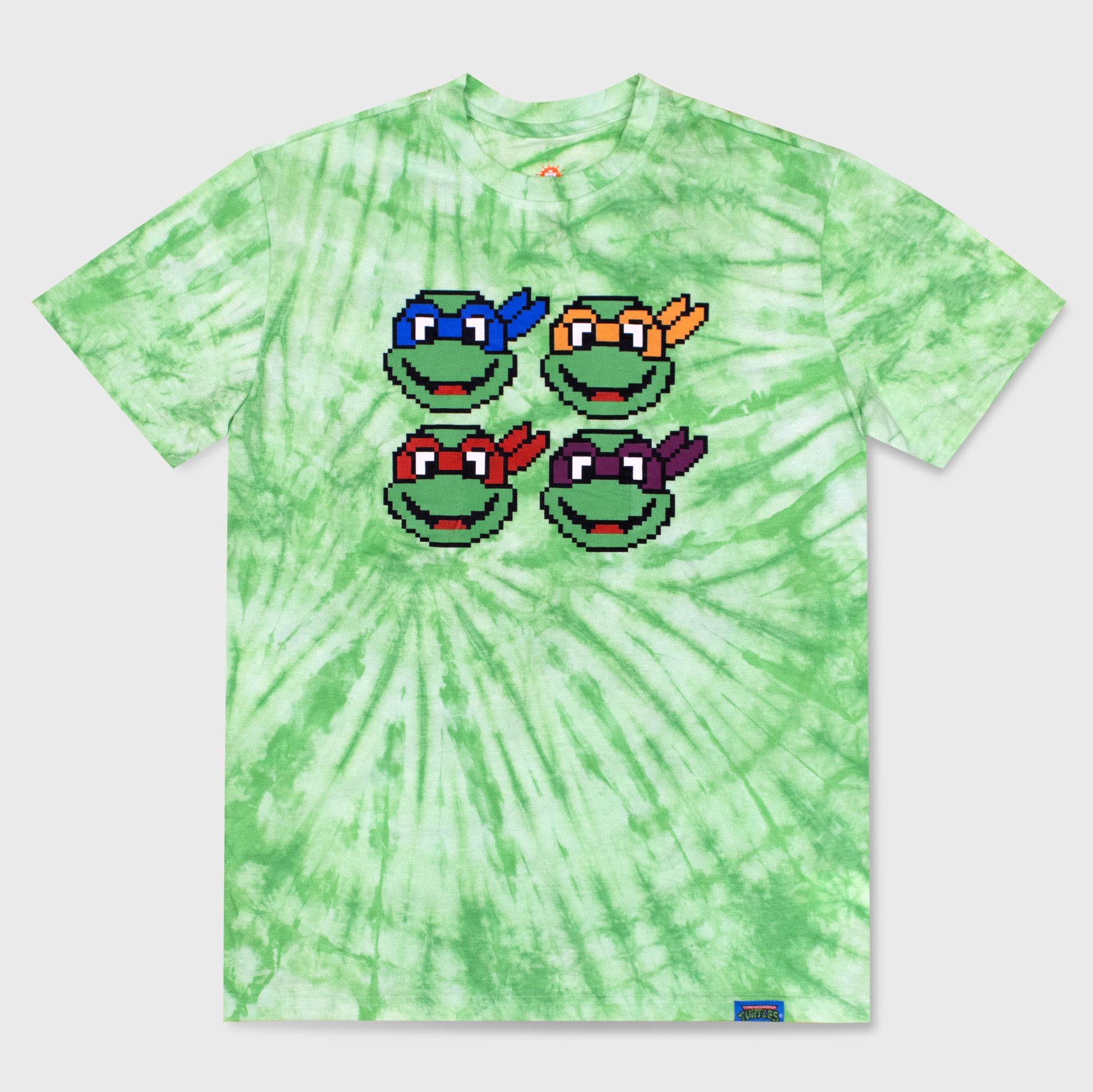 teenage mutant ninja turtles shirt. tie-dye. 4 turtles faces, pixel style