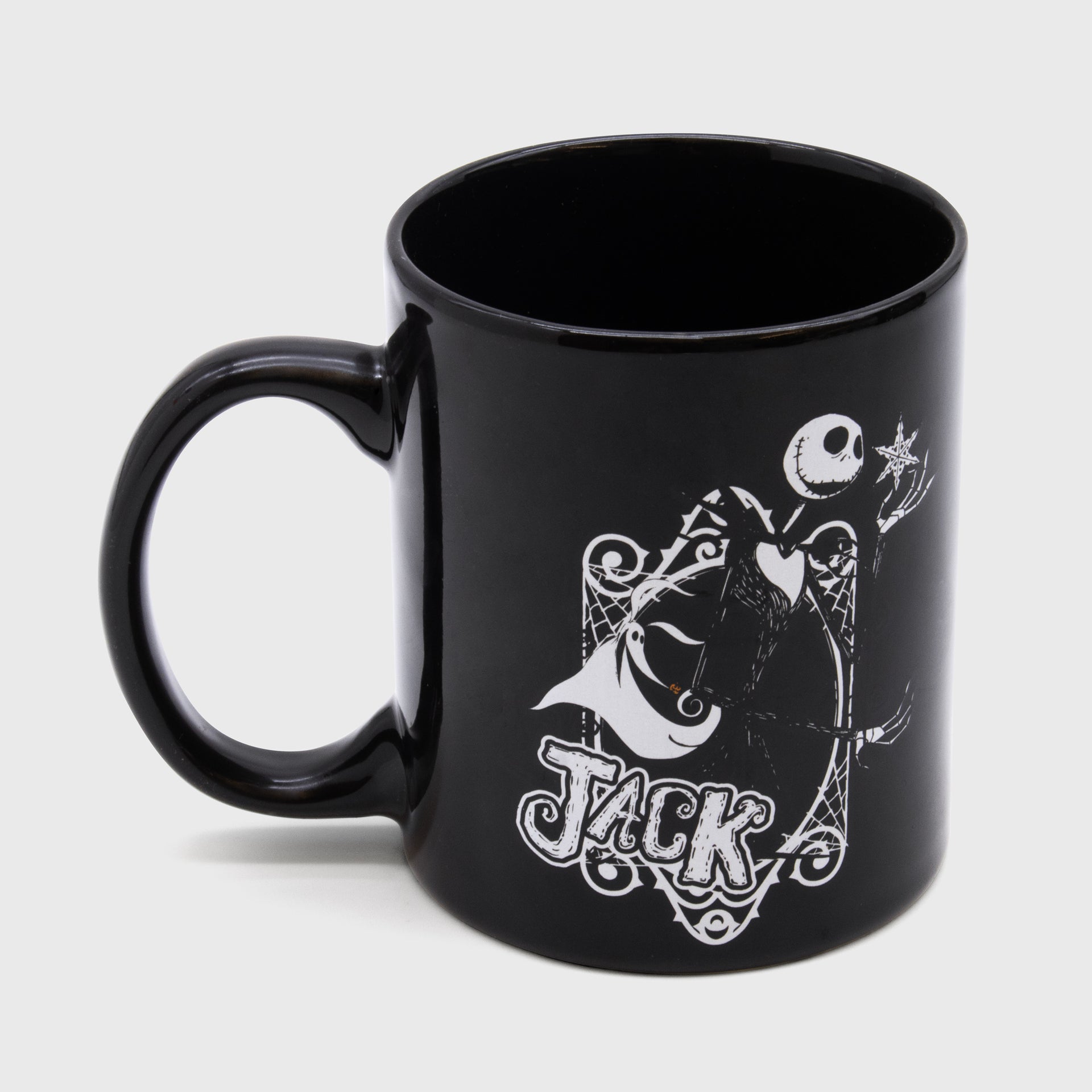 nightmare before christmas mug. image: jack skeleton holding snowflake with zero. text: jack.