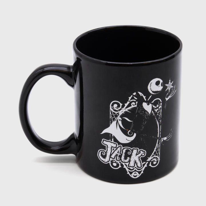 nightmare before christmas mug. image: jack skeleton holding snowflake with zero. text: jack.