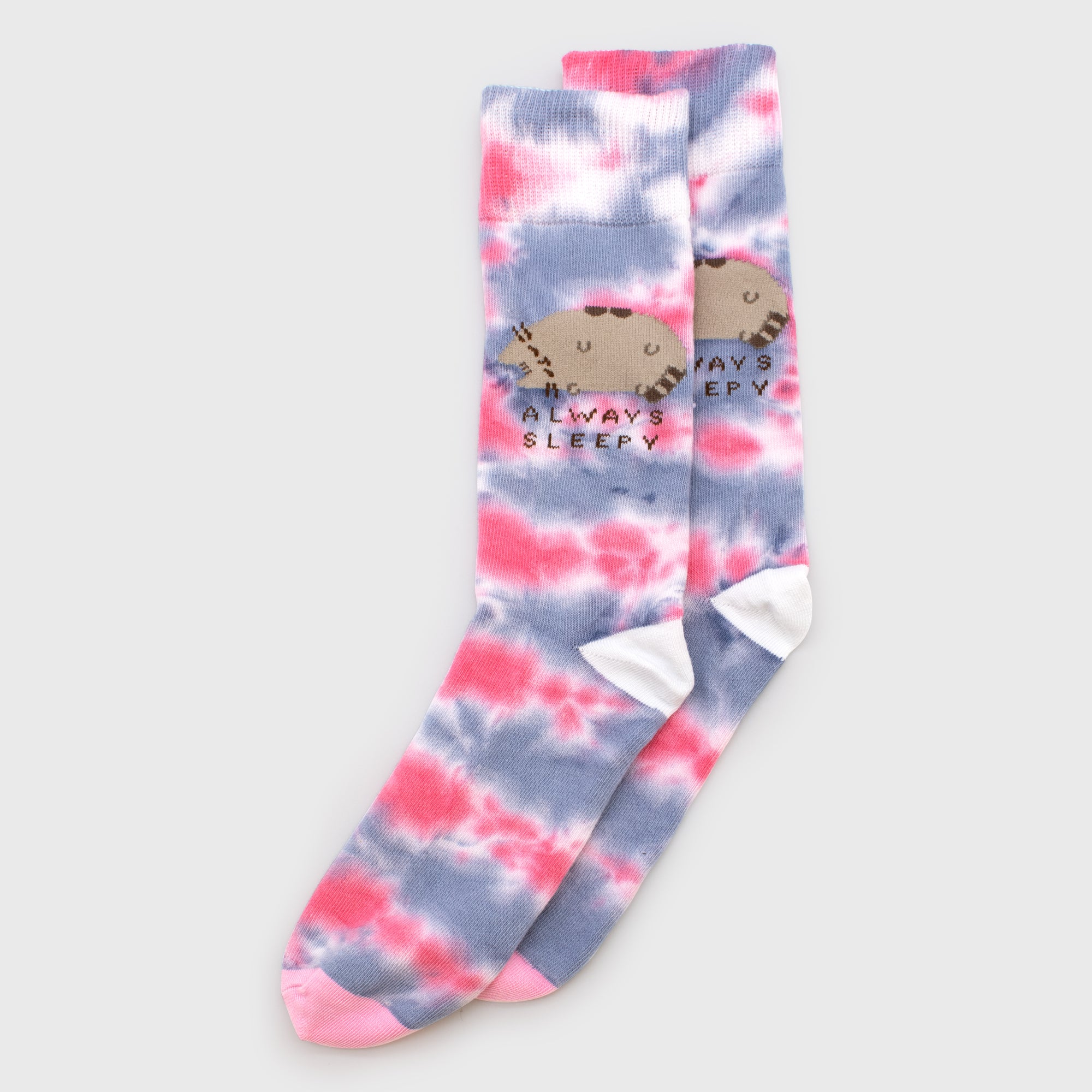 Pusheen blue and pink tie-dye crew socks with text always sleepy