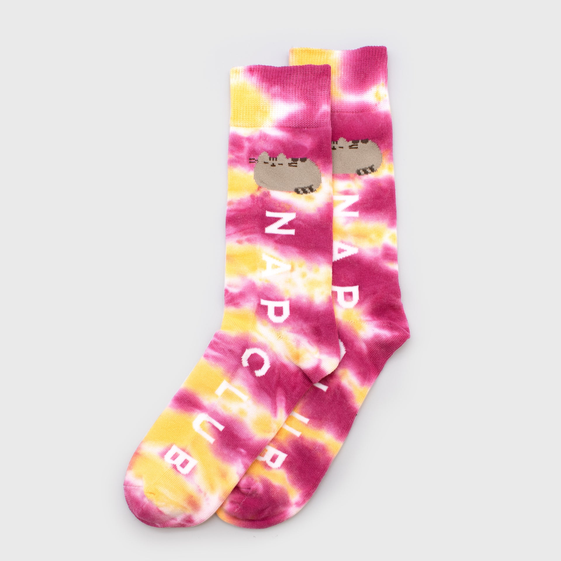 Pusheen red & yellow tie-dye crew socks with text nap club