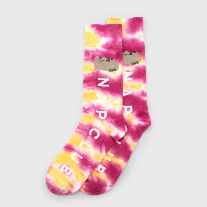 Pusheen red & yellow tie-dye crew socks with text nap club