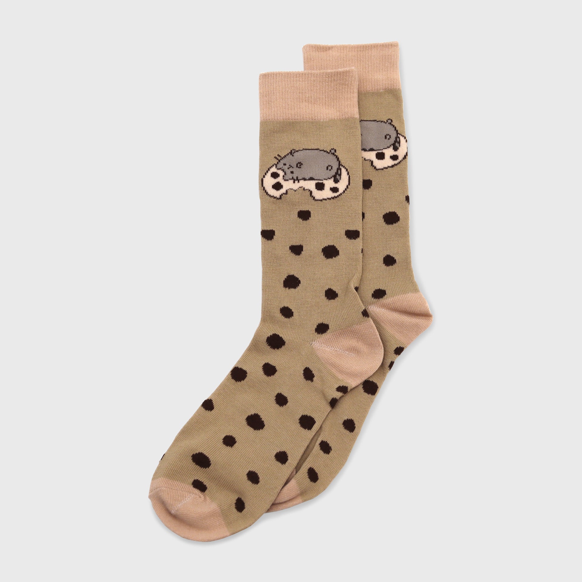 2 brown crew socks. image on socks: pusheen laying on a chocolate chip cookie with chocolate chips pattern