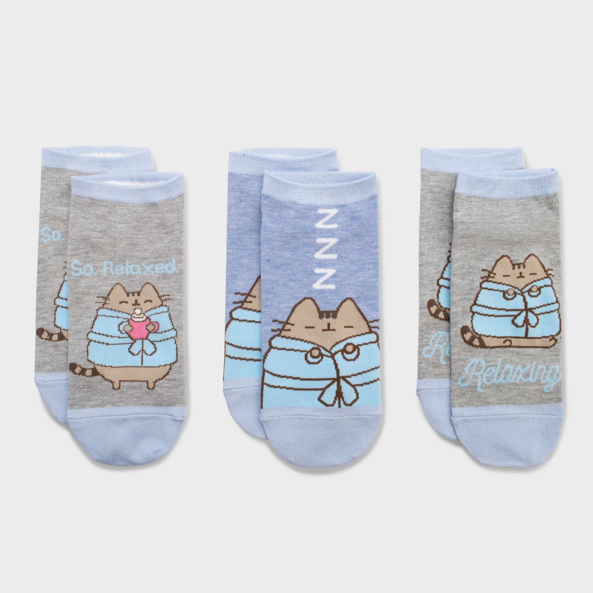 three pack socks of pusheen says 'so relaxed'