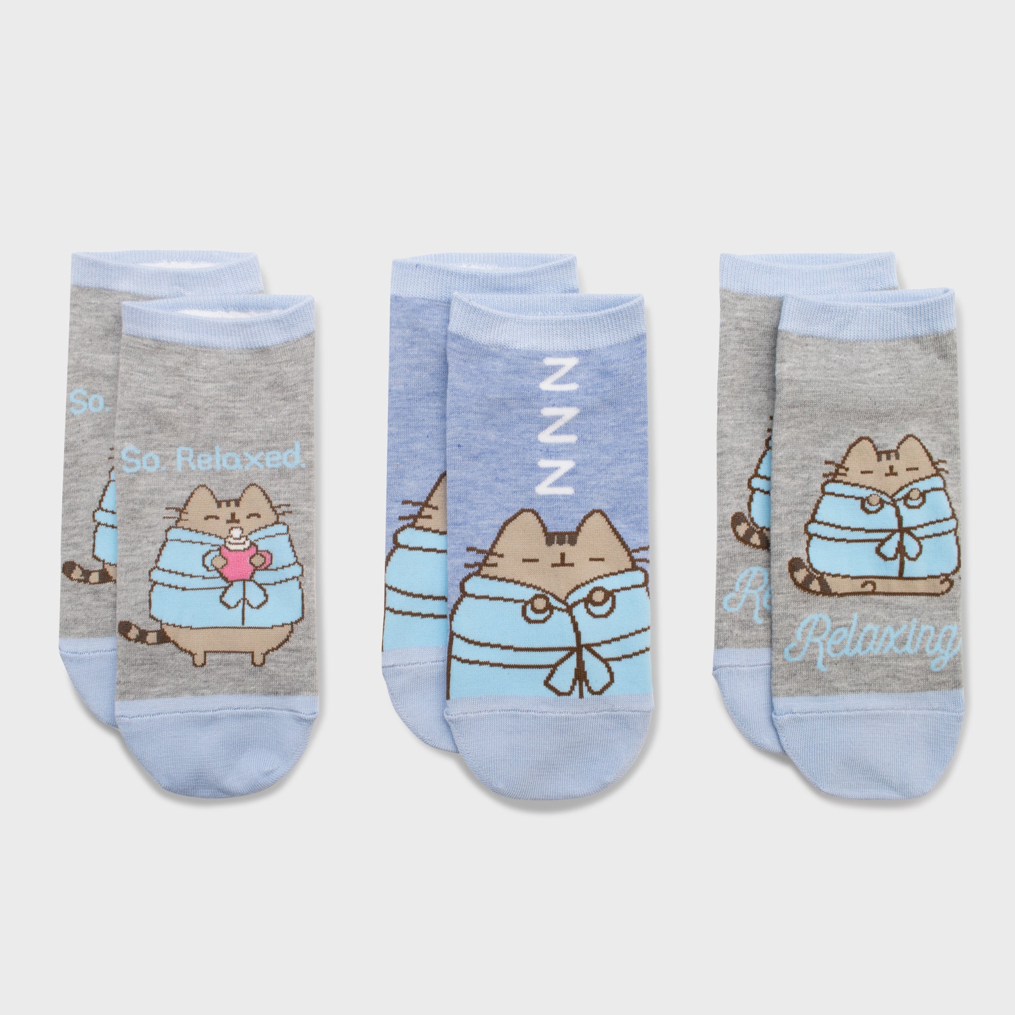 three pack socks of pusheen says 'so relaxed'