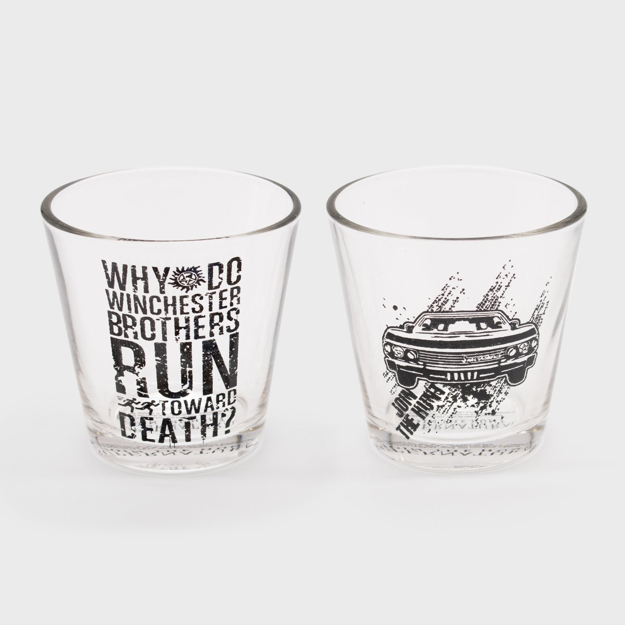 2 shot glasses. why do winchester brothers run toward death. join the hunt impala