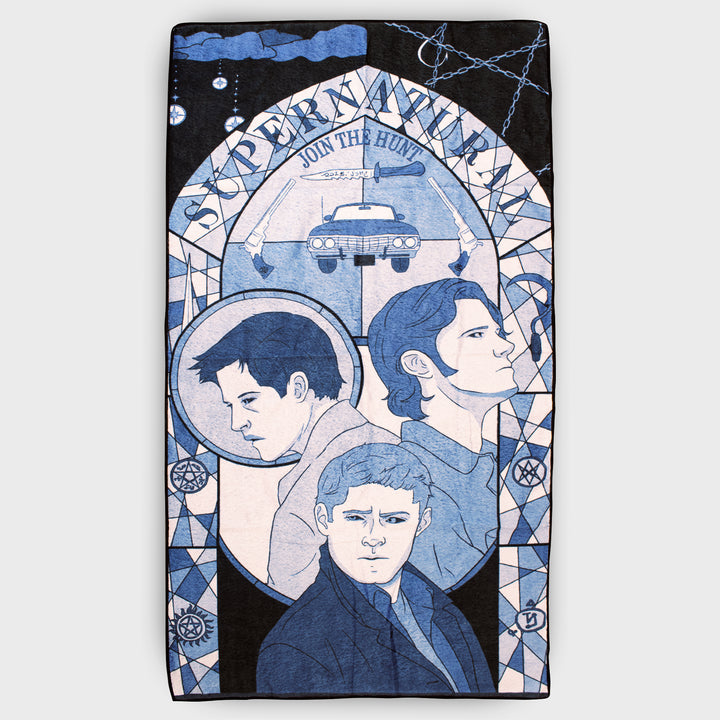 towel with stain glass design. castiel, sam, dean