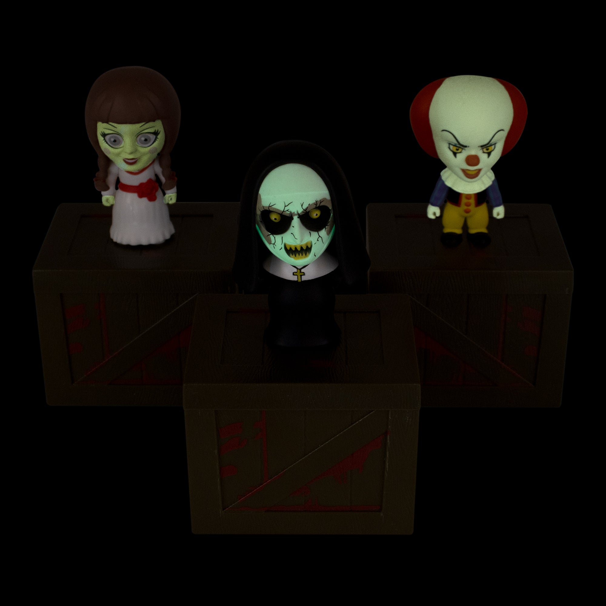 Glow in the Dark Smols. featuring Pennywise (1990),  The Nun, Annabelle,