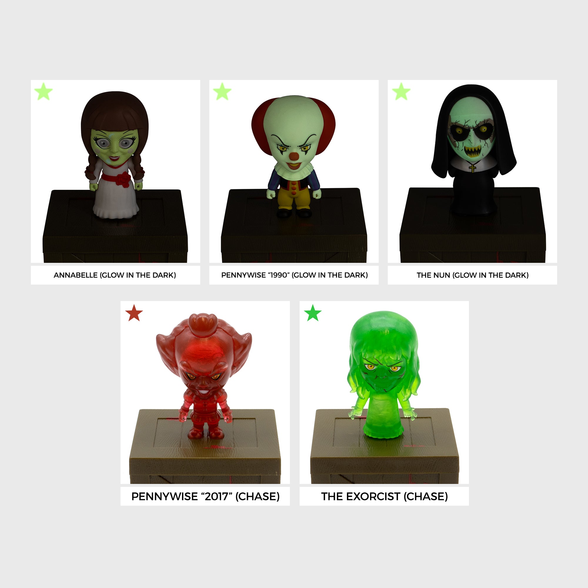  A showcase of the Chase Horror Smols and Glow in the Dark Smols. Includes Pennywise (1990), Translucent Red Pennywise (2017), The Nun, Annabelle, Translucent Green Regan 