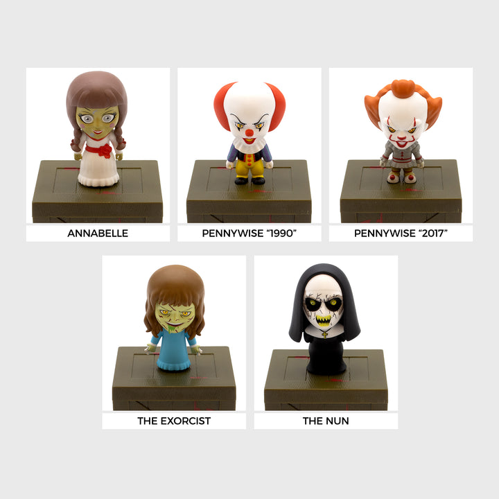 Horror Smols. Includes Pennywise (1990), Pennywise (2017), The Nun, Annabelle,  Regan,
