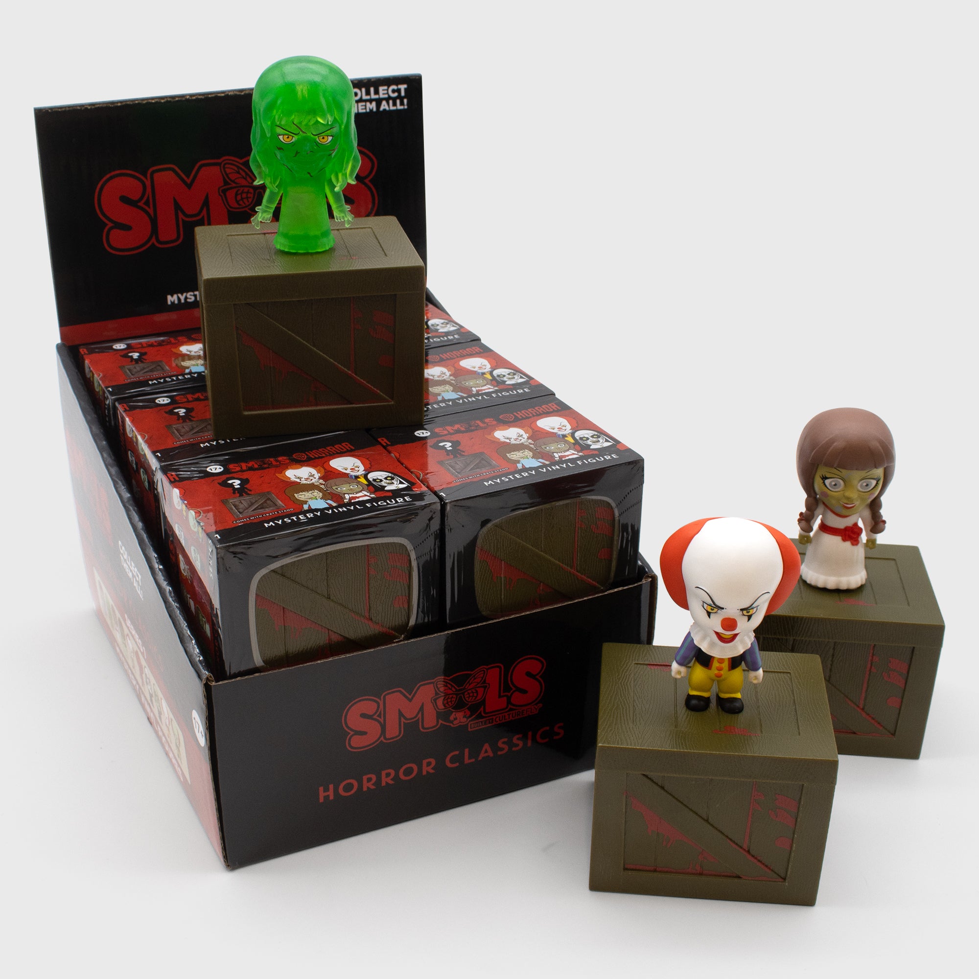 Full PDQ packaging Horror Smols blind box figures, Green Regan, Annabelle, Pennywise (1990)