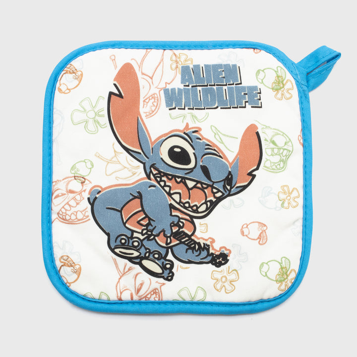 pot holder shows stitch playing ukelele. pattern of different stitch faces and flowers: text: alien wildlife.