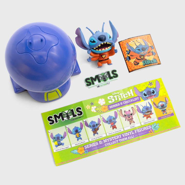 showing what comes inside each smols container. figure, smols sticker, stitch sticker, full series checklist.