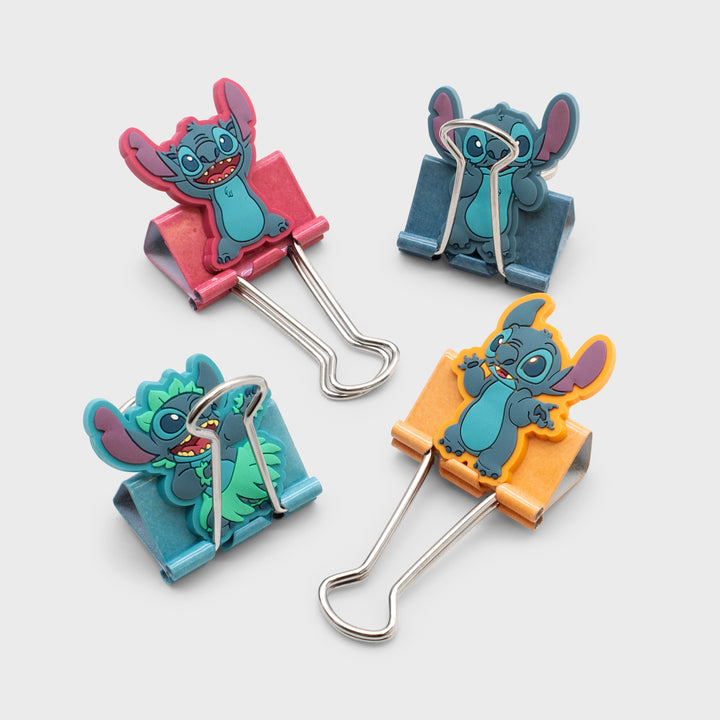 stitch paper clips. 4 different stitch. one with stitch hold cheeks, one with stitch confused, one with stitch doing hula dress in hat and skirt, and one with stitch with arms up.