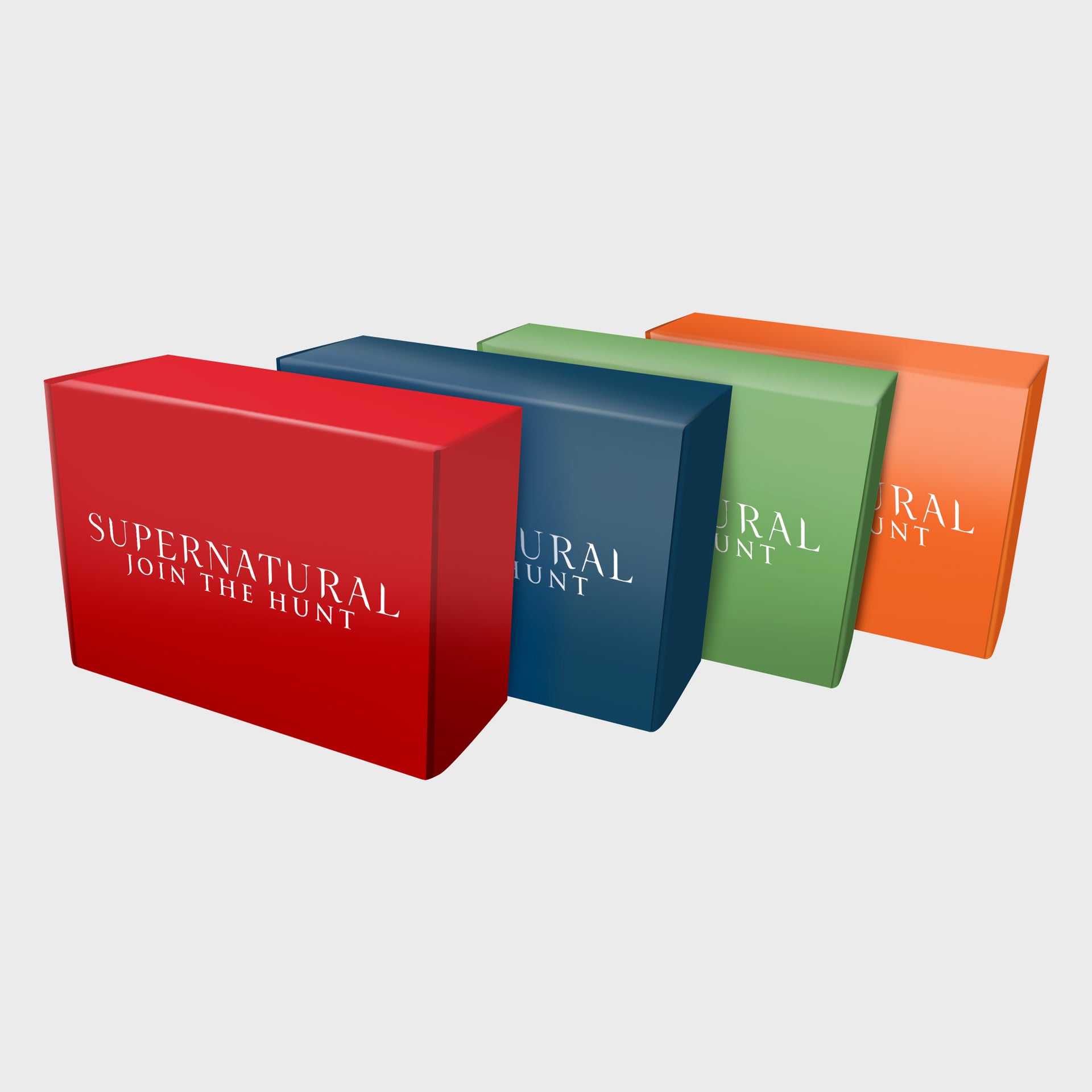 four supernatural boxes stacked next to each other