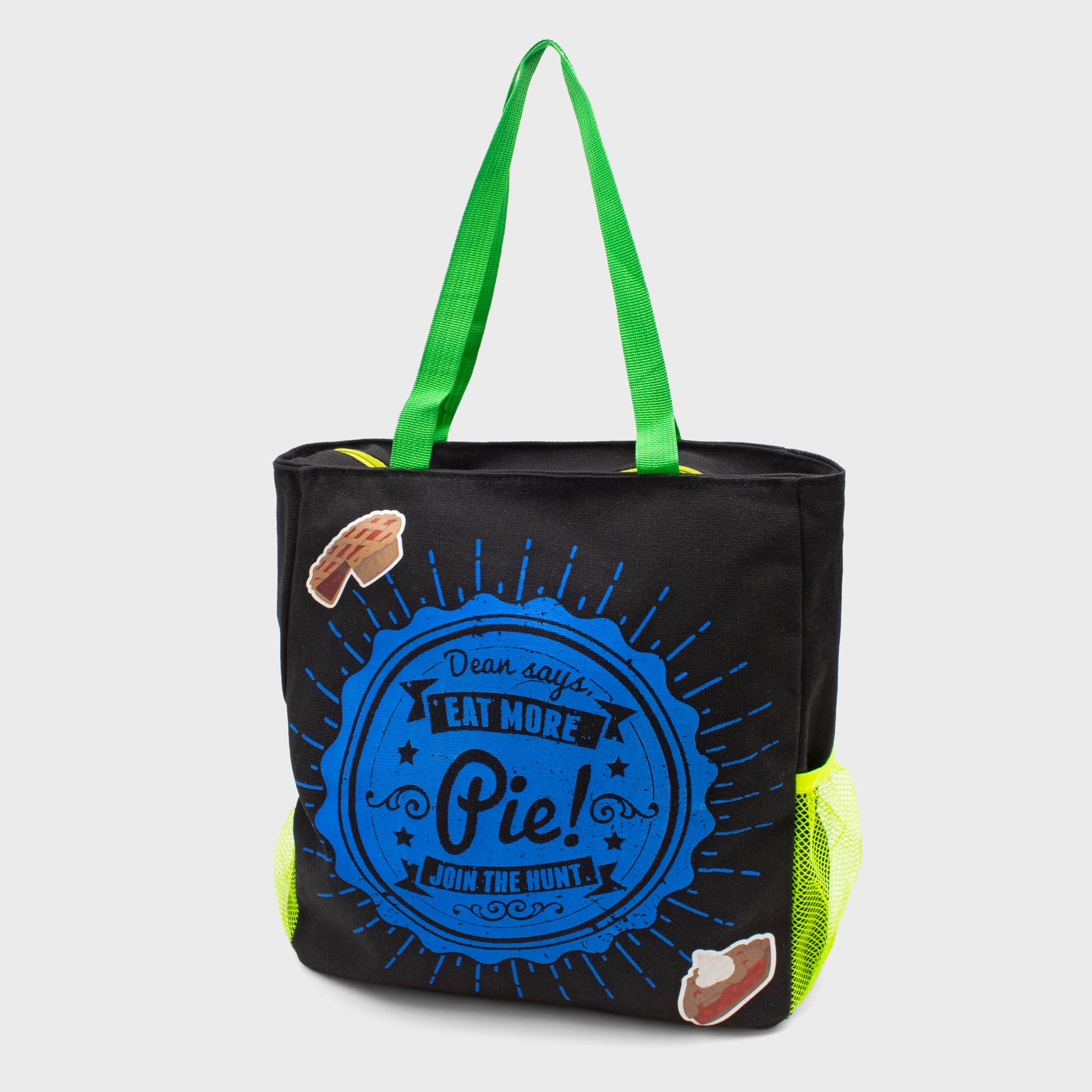 supernatural beach bag. 2 cup holders. one on each side. two straps for shoulder. zipper on top to close. image: 2 pies. text: dean says, eat more pie! join the hunt.