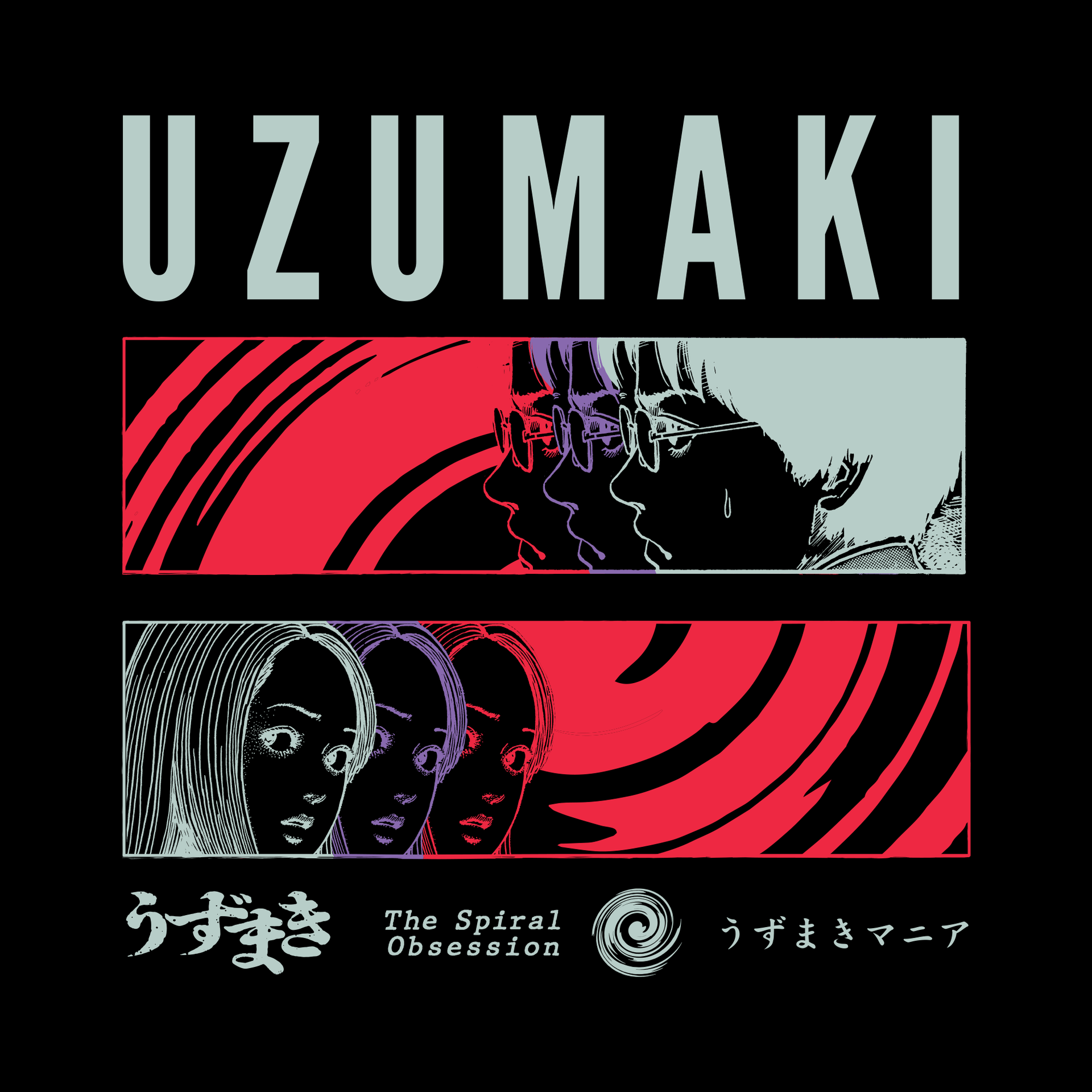 close up image: 2 panels showing red spiral and boy and girl. 3 faces of each. text: uzumaki the spiral obsession