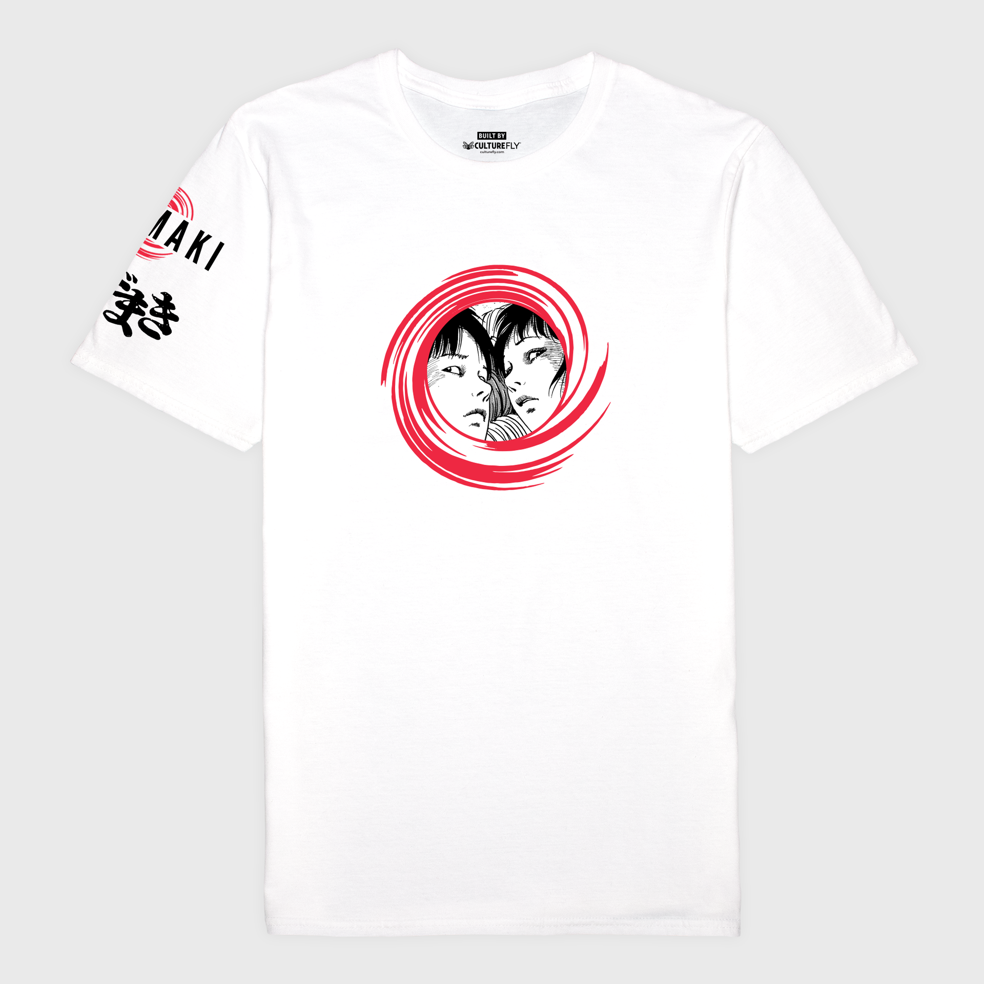 uzumaki white t-shirt. image: red swirl circle with two black and white faces in the middle. boy and girl.