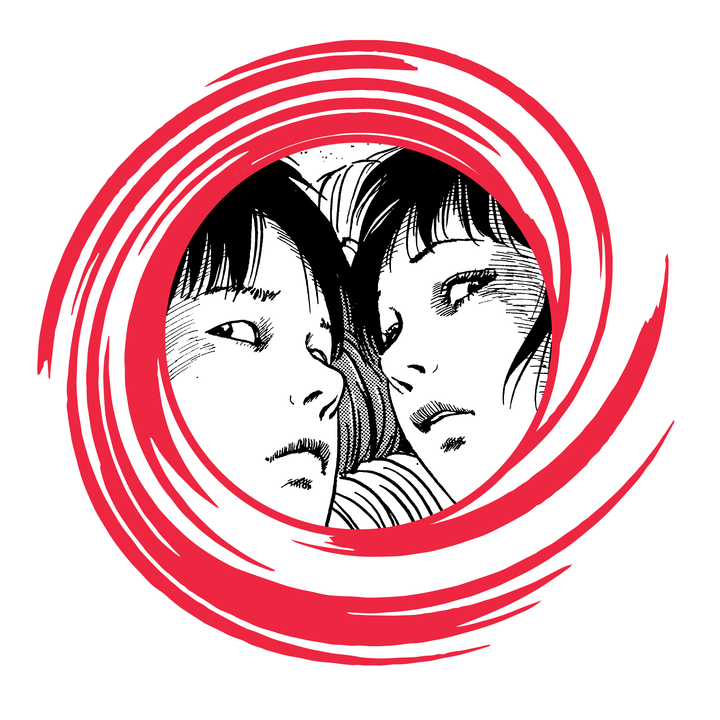 close up image: red swirl circle with two black and white faces in the middle. boy and girl.