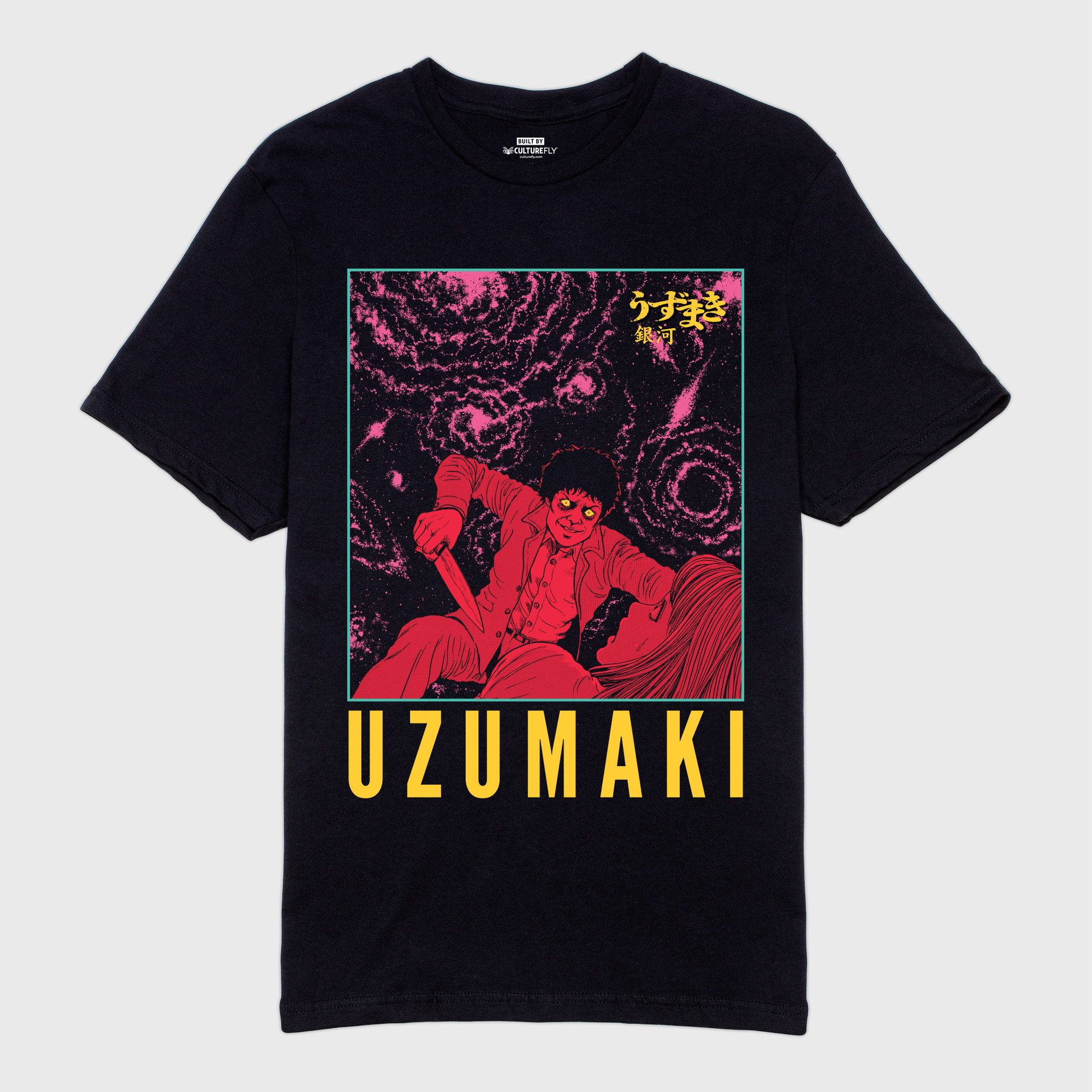 uzumaki black t-shirt. image: pink galaxy swirls. red man with knife leaning over red woman. text: UZUMAKI