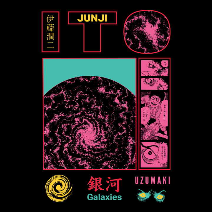 close up image: pink manga panels, pink galaxy swirl, man staring up at sky. text: Junji ito, uzumaki, galaxies.