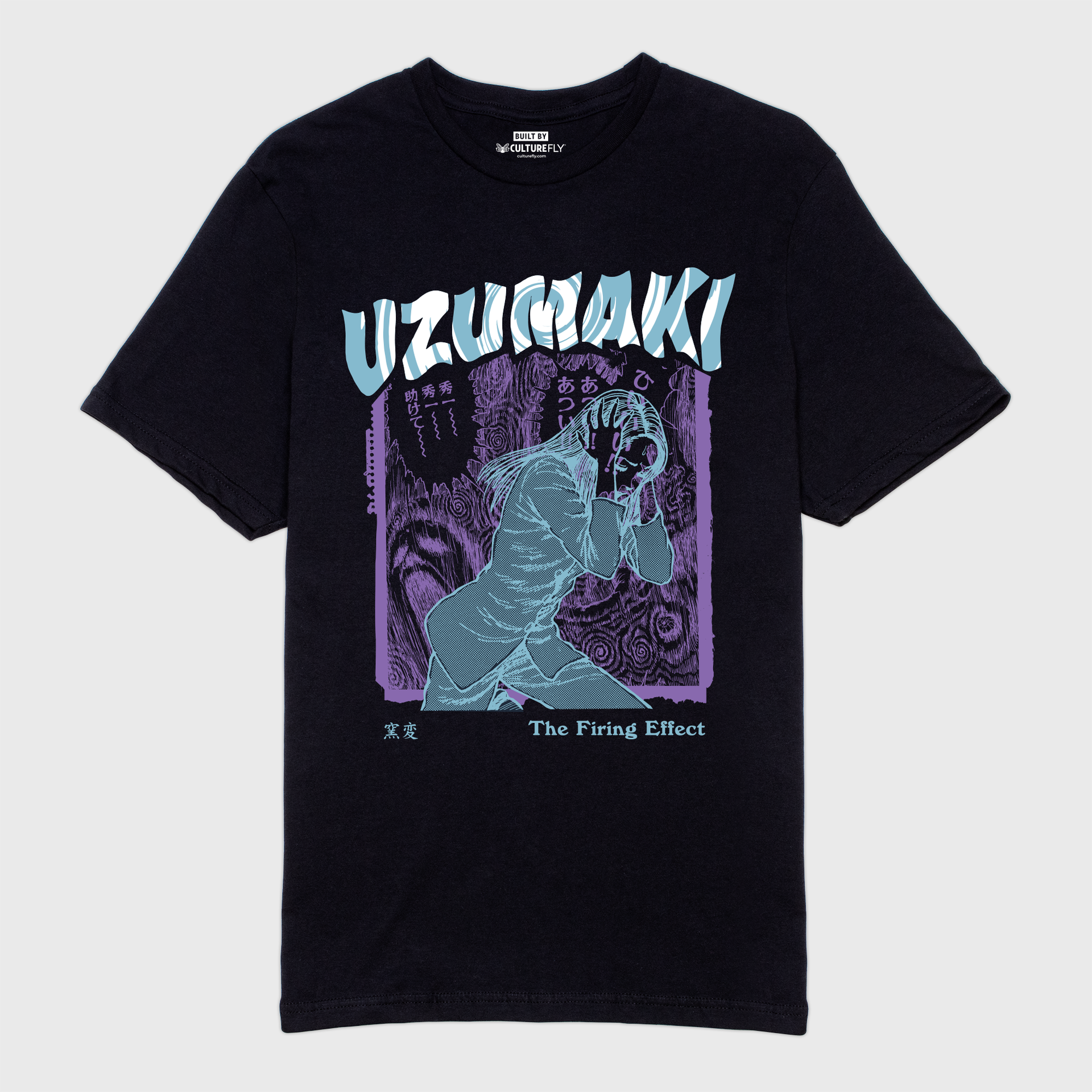 uzumaki black t-shirt. image: light blue girl holding head. background: purple spirals and faces. text: uzumaki the firing effect