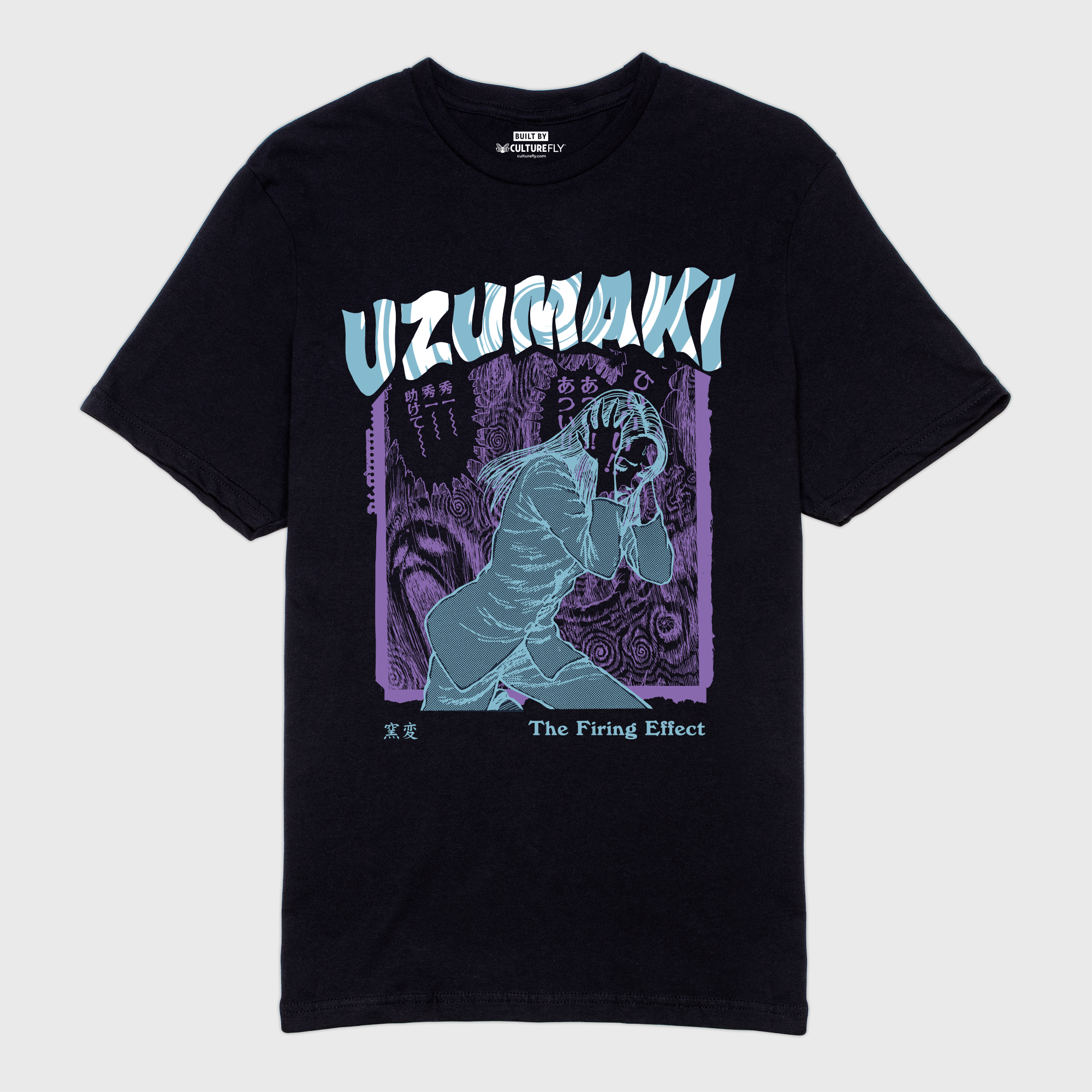 uzumaki black t-shirt. image: light blue girl holding head. background: purple spirals and faces. text: uzumaki the firing effect