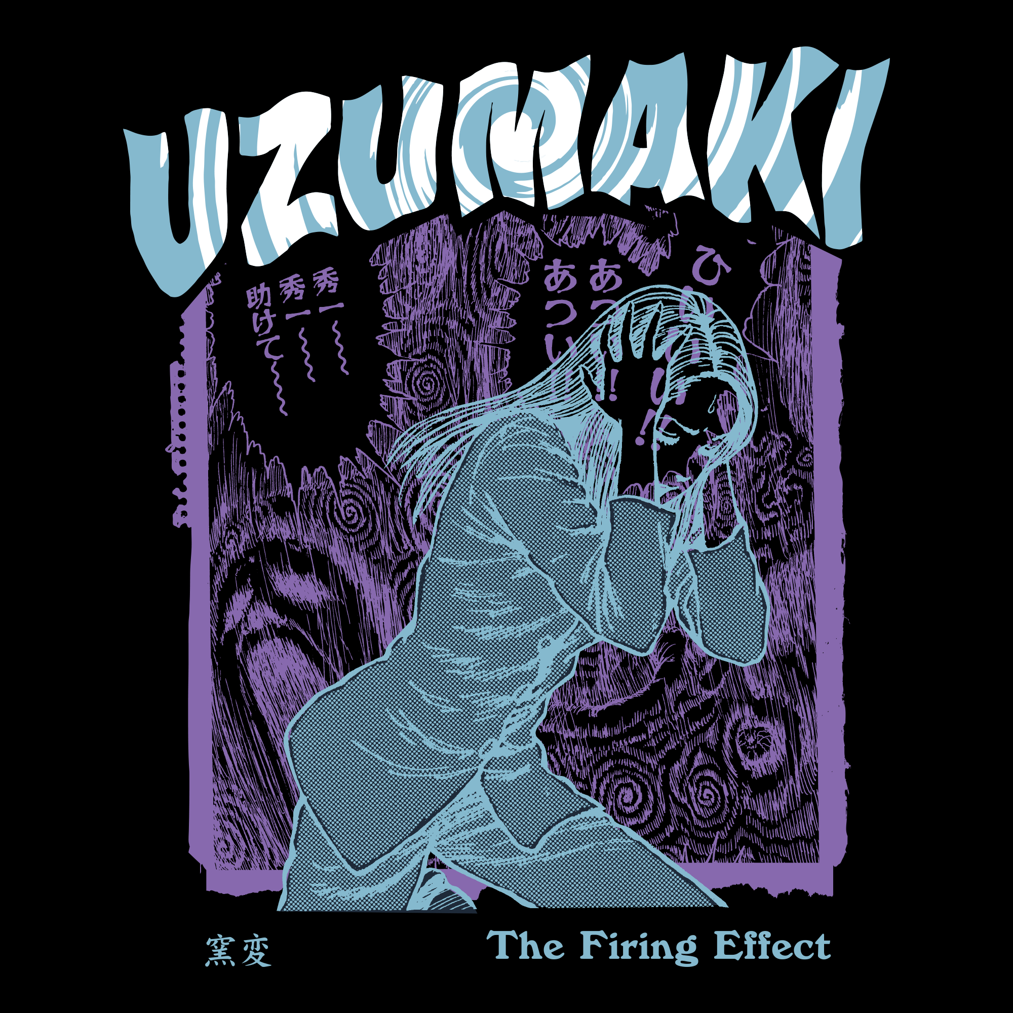 close up image: light blue girl holding head. background: purple spirals and faces. text: uzumaki the firing effect