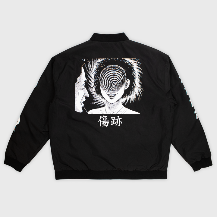 uzumaki bomber jacket back. image: black and white girl with spiral on face.