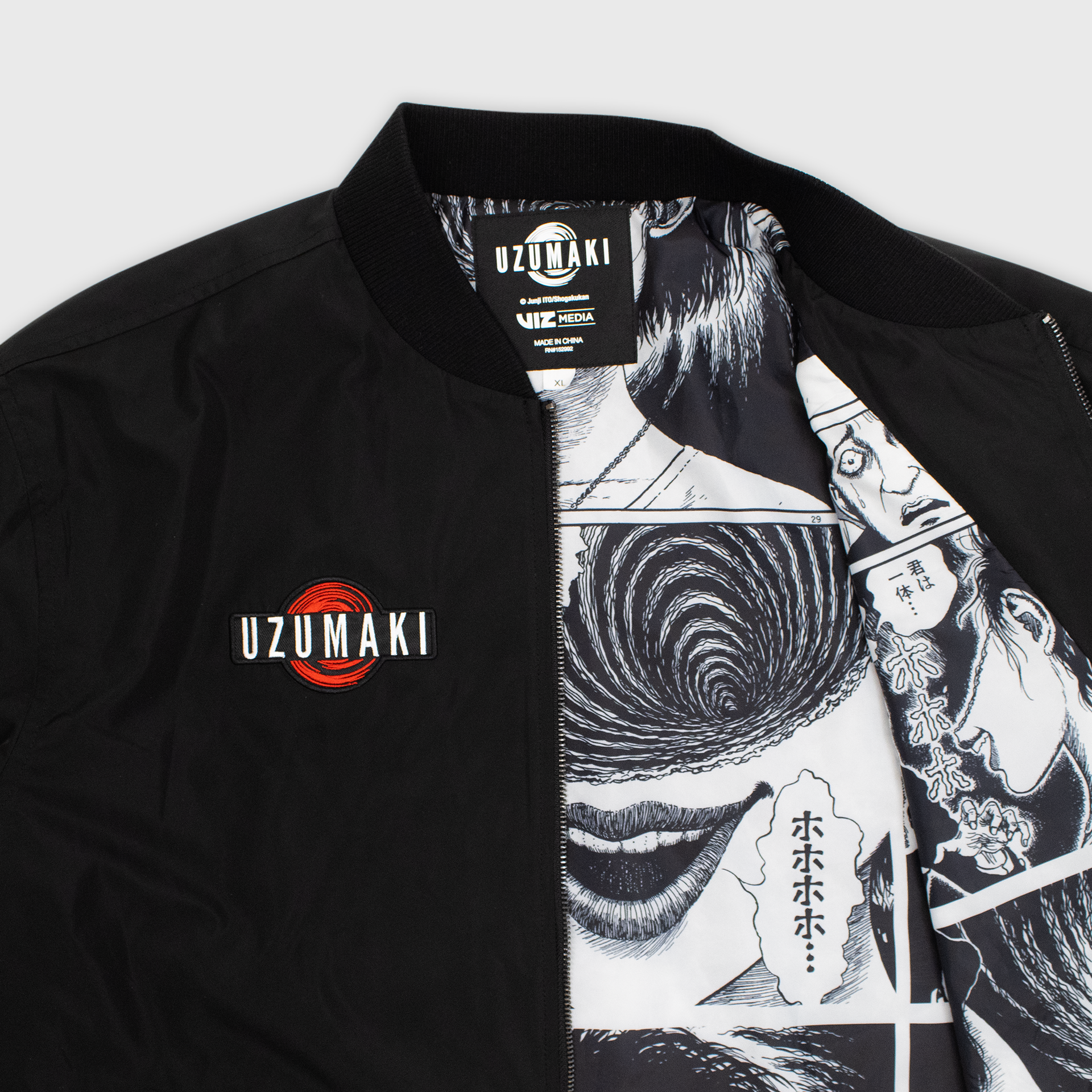 uzumaki bomber jacket inside print. black and white manga panels. 