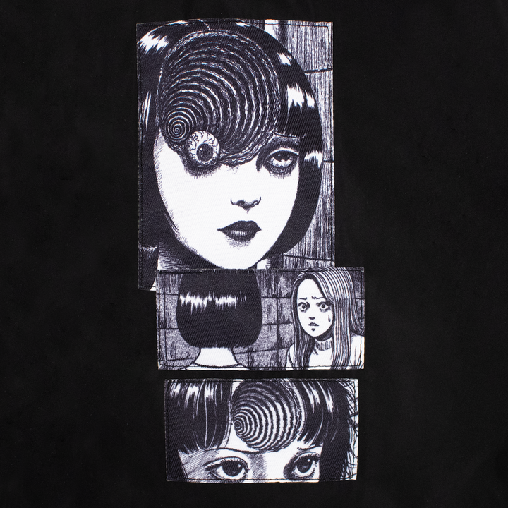 uzumaki bomber jacket close up back on front of jacket. image: 3 black and white manga panels. girl with spiral on head. girl staring scared.