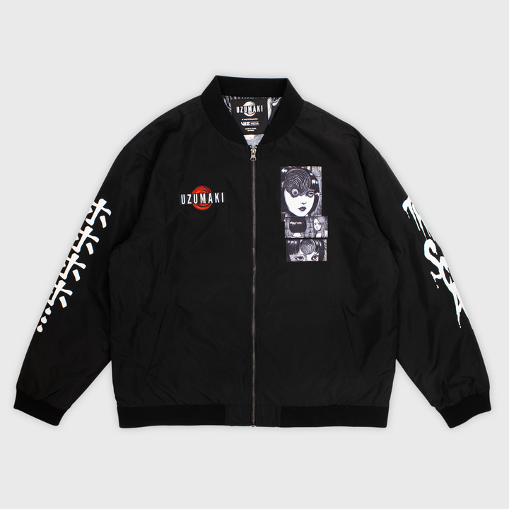 uzumaki zip up black bomber jacket front. 