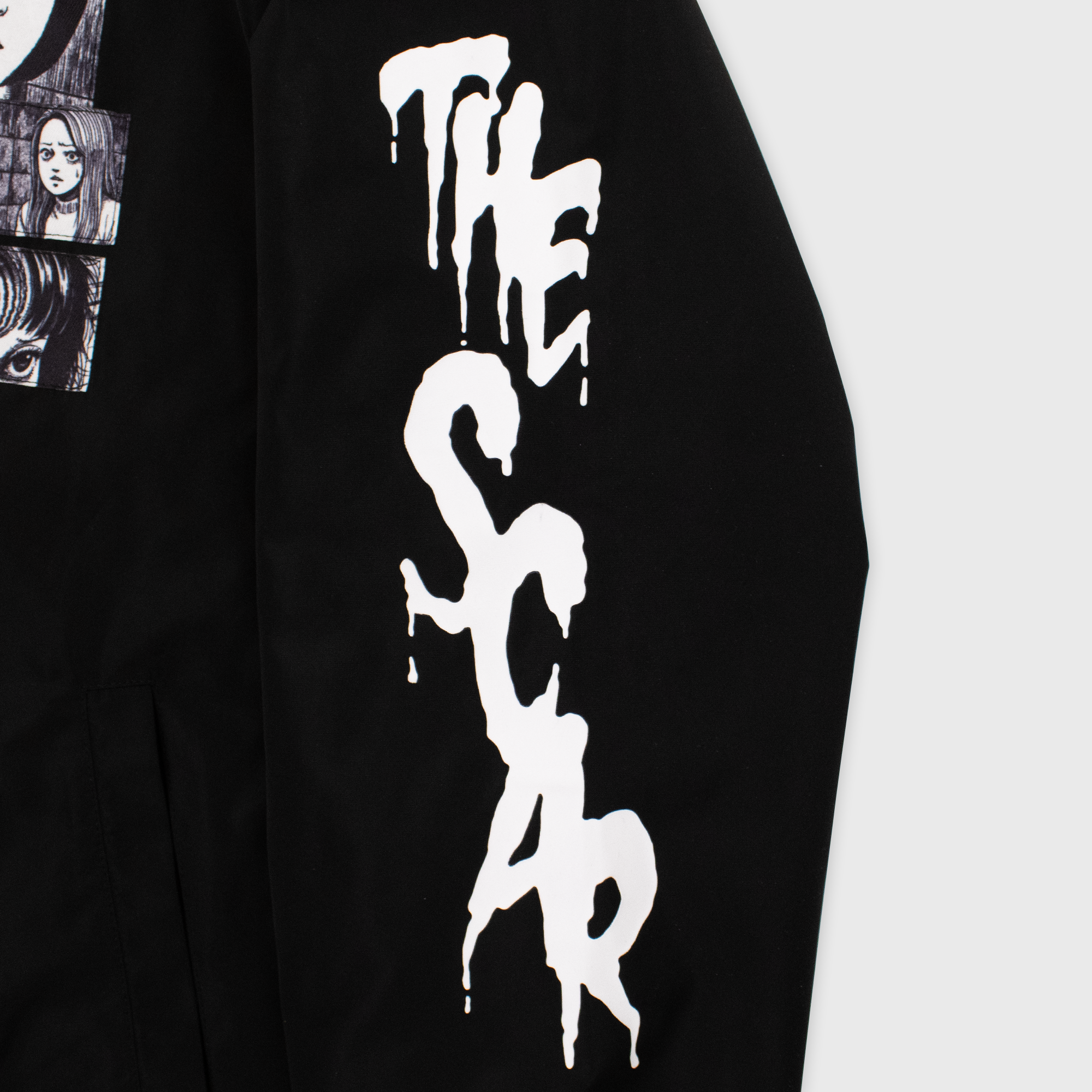 uzumaki bomber jacket left sleeve patch. text: the scar in white letters