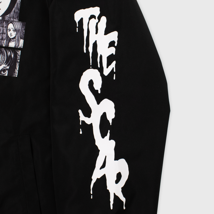 uzumaki bomber jacket left sleeve patch. text: the scar in white letters
