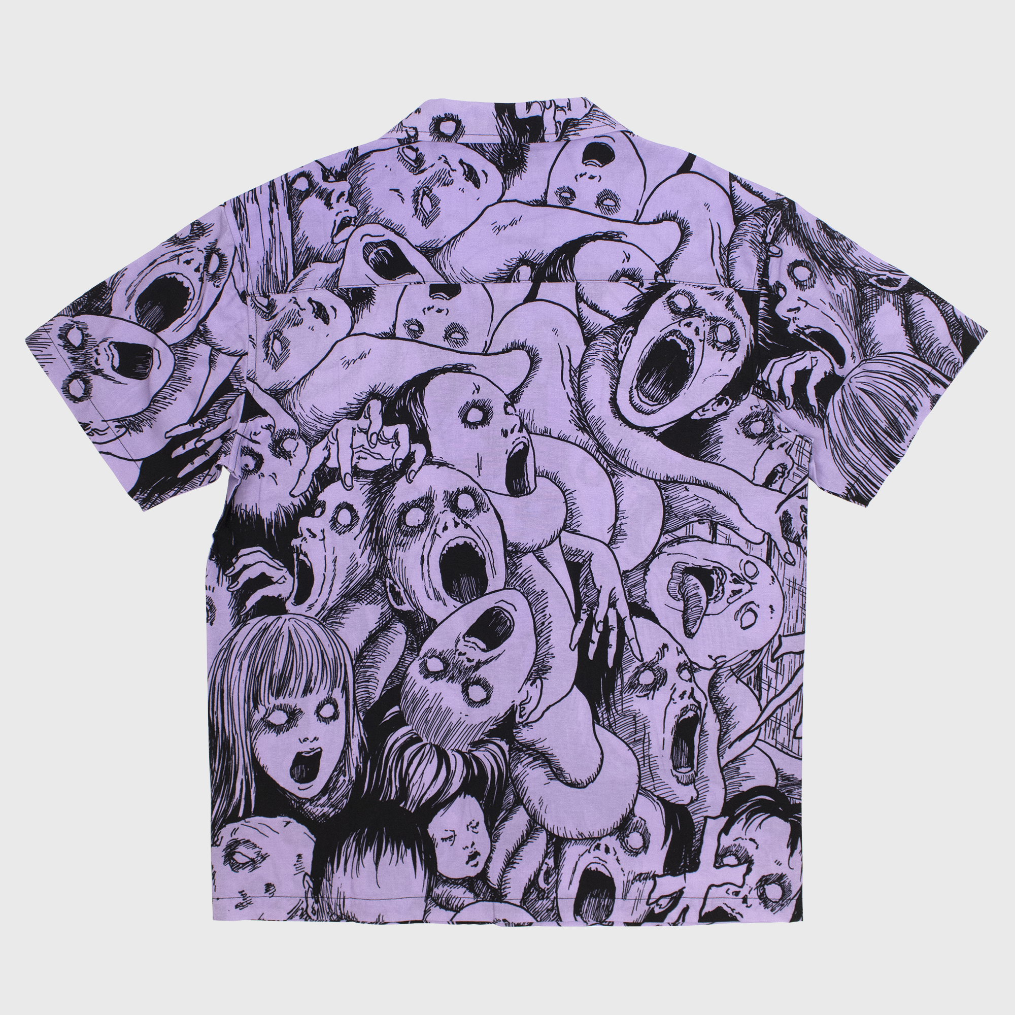 uzumaki all over faces print button down. purple with black faces.