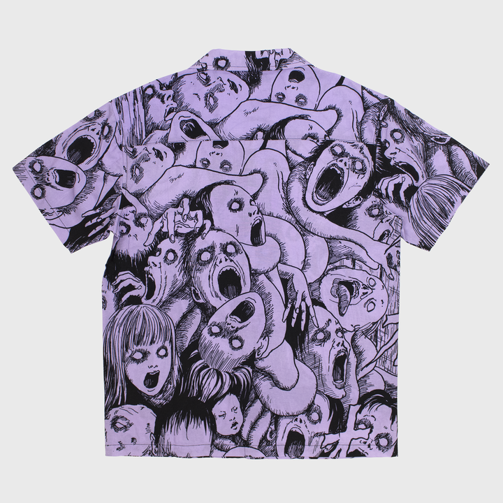 uzumaki all over faces print button down. purple with black faces.