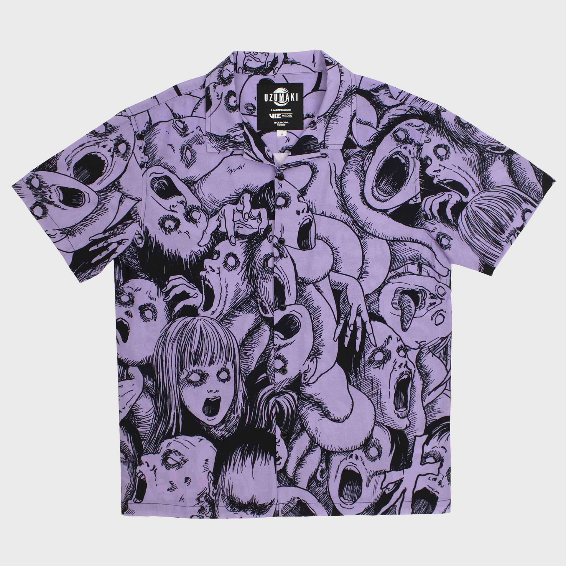 uzumaki all over faces print button down. purple with black faces.