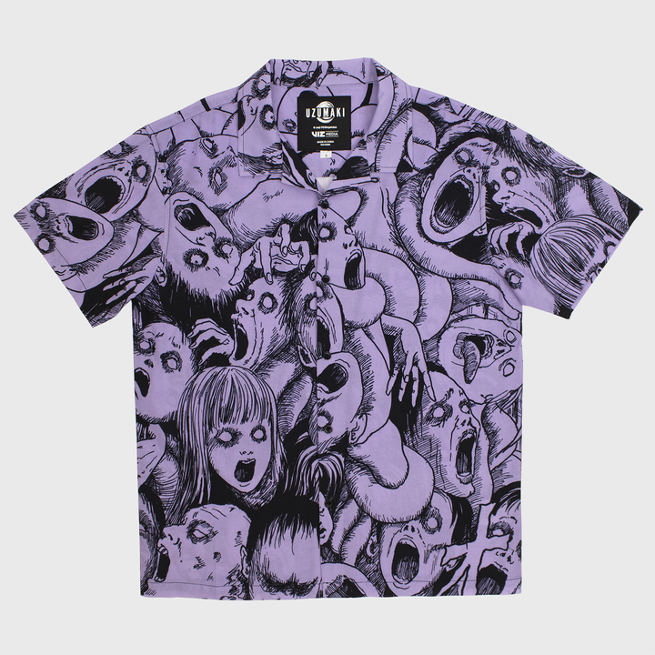 uzumaki all over faces print button down. purple with black faces.