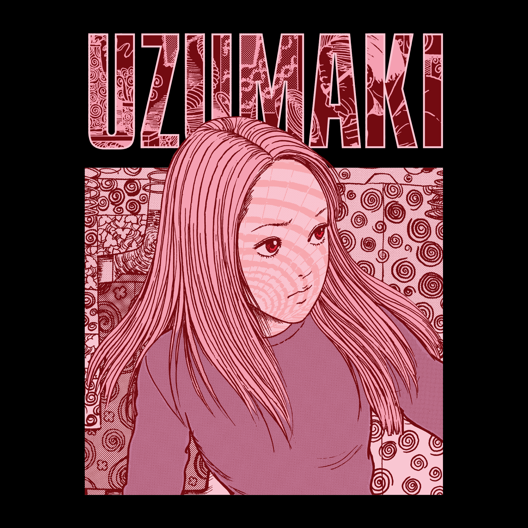 close up image: girl looking away all pink. text: uzumaki.