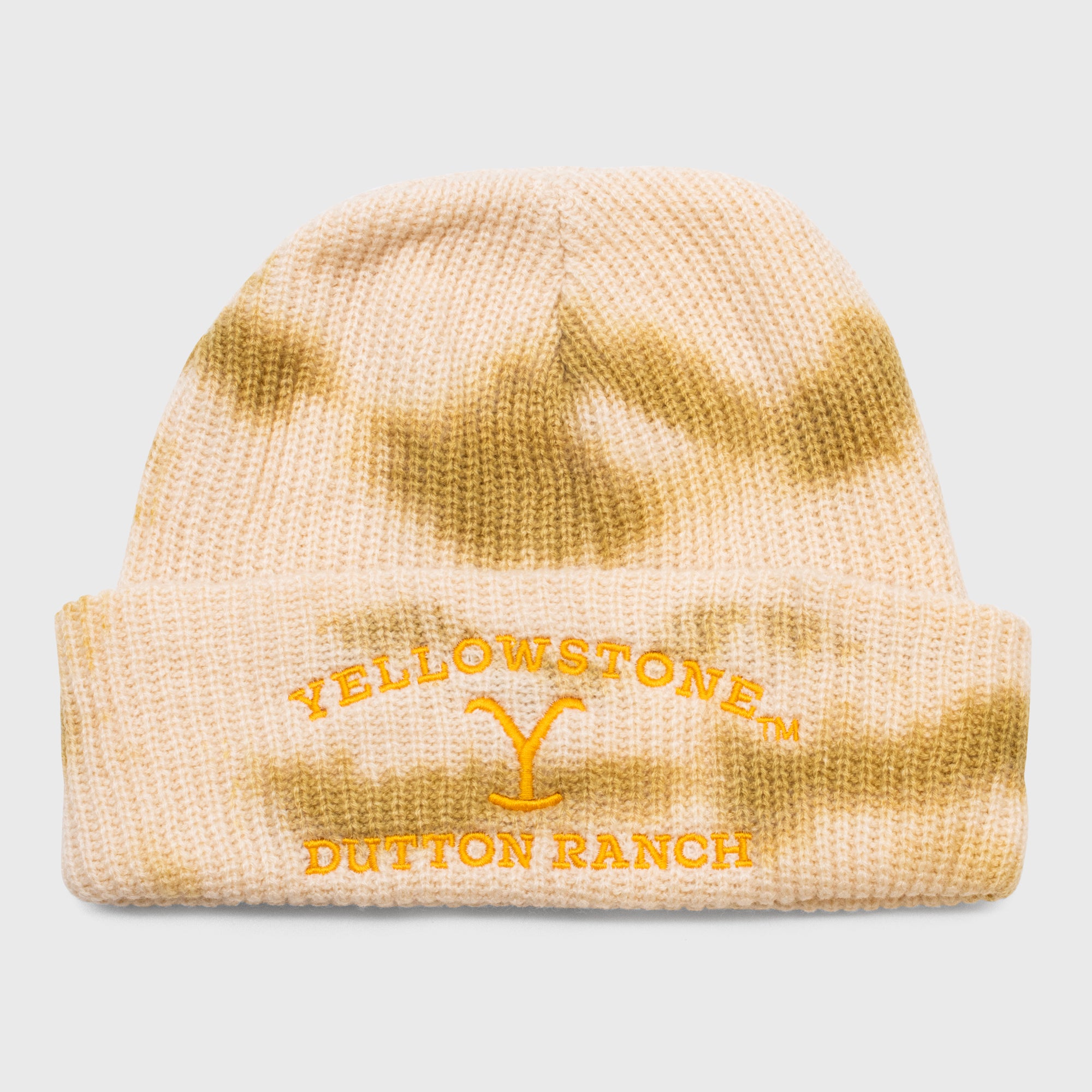 knitted yellow stone beanie. yellowstone y logo. text: yellowstone dutton ranch