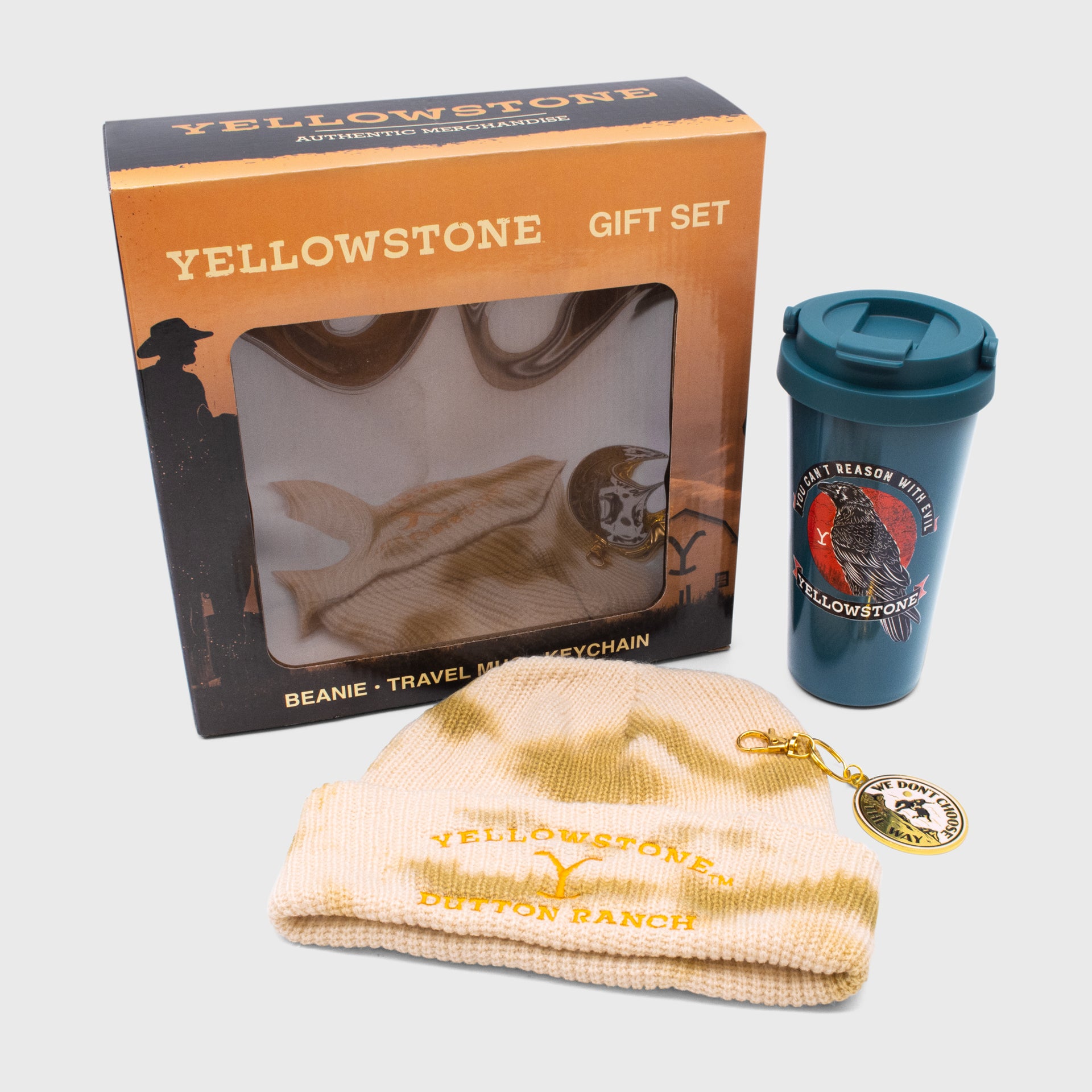yellowstone gift bundle full set. text on box: yellowstone authentic merchandise yellow stone gift set beanie travel mug keychain