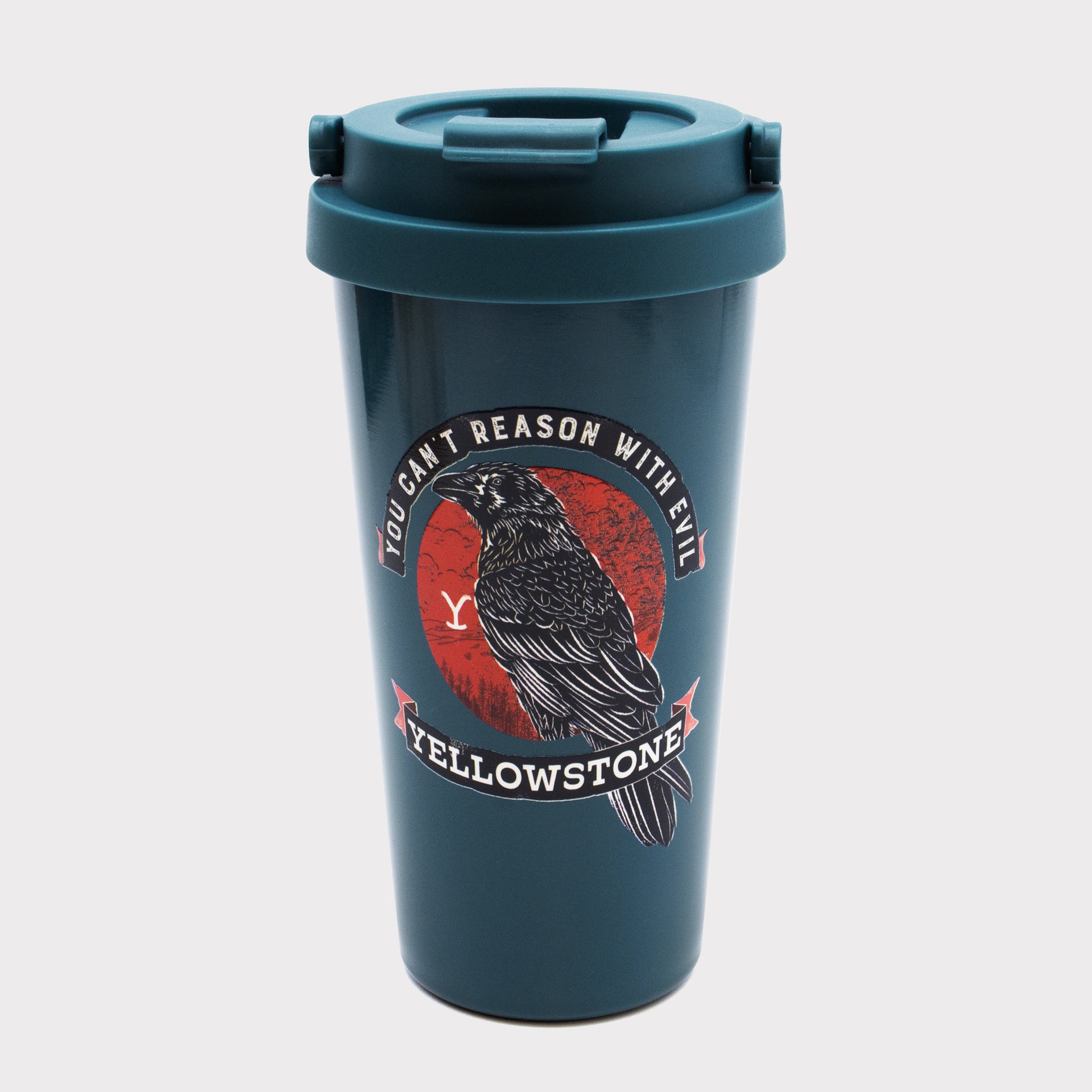 yellowstone travel mug with snap open lid. image on mug: bird in a circle. text on mug: you can't reason with evil yellowstone